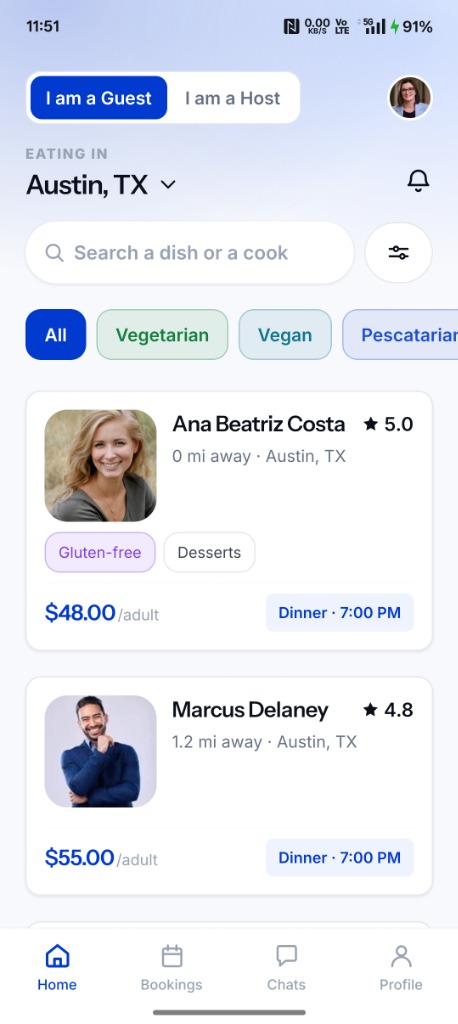 Baba Bite app home screen showing nearby hosts, dietary filters like Vegetarian, Vegan, and Pescatarian, and meal listings with pricing
